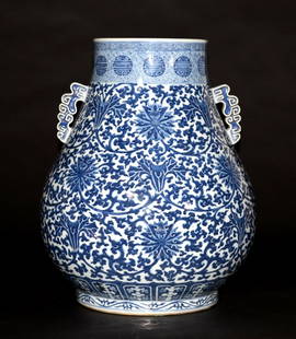 Massive Chinese Qing Blue White Porcelain Vase: 18/19th cen, Chinese Qing porcelain vase with strong under glazed blue decoration of scrolling lotus vine motif. Each side with well proportioned handle, shoulder decoration with Greek key border and