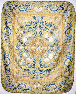 Chi. Imperial Yellow Ground Embroidery Throne Cov: 18th cen Chinese imperial yellow ground embroidery throne cover of stylized dragon and lotus flower on a yellow silk ground imperial throne cover usage. Qianlung period. Measures 45" by 58"