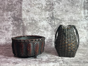 Two Japanese Bamboo Ikebana Bamboo Basket