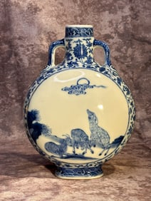 Chinese Blue White Moonflask Vase - Sheeps