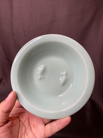 Asian Celadon Porcelain Dish with Molded Fish Décor