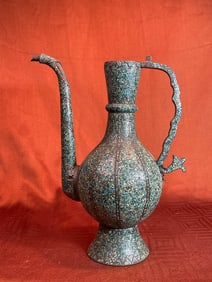 Mid Eastern Asian Bronze Ewer with Turquois Inlay
