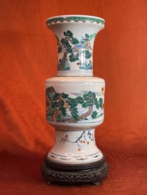 Chinese Doucai Porcelain Vase with Hardwood Base