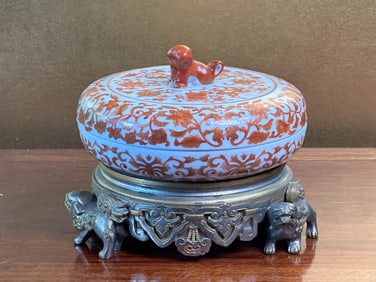 Chinese Porcelain Covered Box on Bronze Stand