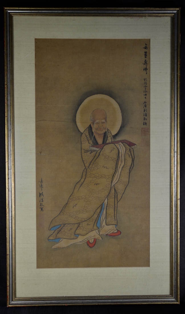 Chinese Painting of Damo on Silk: on silk, framed, nice damo figurine painting, image measures 15" wide by 30" in height