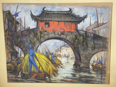 Asian Scene Painting Gouche on Paper by Lucile Sinclair