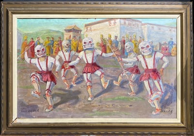 Russian Artist Oil Painting of Mongolian Praying Ceremonial Scene