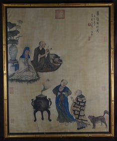 Chinese Framed Silk Painting of Lohans