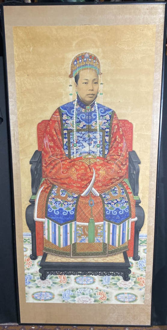 Chinese Polychrome Ancester Portrait of a Women: 19th cen, chinese ancester portrait of a women, 26" by 56", framed