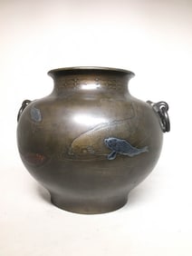 Japanese Mixed Metal Bronze Vase with Silver Inlayed Koi