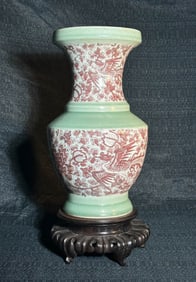 Chinese Celadon Porcelain Vase with Copper Red Pheonix