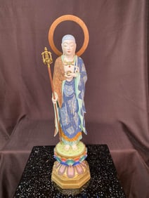 Japanese Wood Standing Lohan with Polychrome Décor