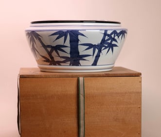 Japanese Blue White Studio Porcelain Brushwasher with Lacquer Cover