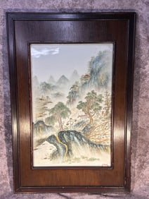 Chinese Famille Rose Landscape Scene Porcelain Plaque in Frame