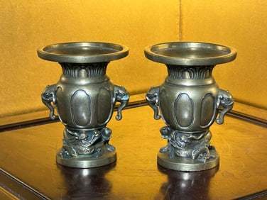 Pair Japanese Bronze Small Vases with Silver Wire Inlay