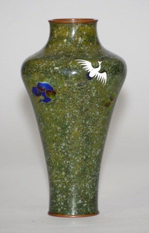 Japanese Ando Cloisonne Vase: Japanese Ando cloidonne vase of rare motted green color, signed Ando Jubei, Meiji period. 7.25"h