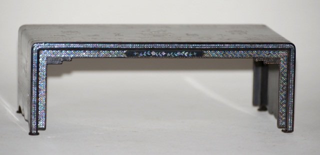 Chinese Inlaid Lacquer Stand: Chinese inlaid lacquer stand of precious object motif, 19th cen, 10"l, 5"h
