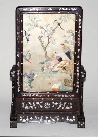 Chinese Rosewood Table Screen with Embroidery: Chinese rosewood table screen w/ Embroidery, 19th cen, Qing period, rosewood frame with mother of pearl inlay, embroidery depicting various bird scene, measures 20"h, 13"w