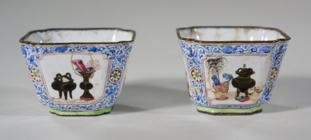 Group of Chinese Enamel Articles: Group of Chinese enamel articles including two pairs of cups, and a dish 18/19th cen. Measures 1.5"h, 4.75"w