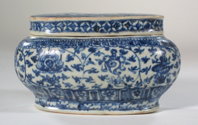 Chinese Blue White Porcelain Covered Bowl: Chinese blue white porcelain covered bowl with Buddhist lotus vine motif, Ming dynasty. measures 4.5"h, 7"l