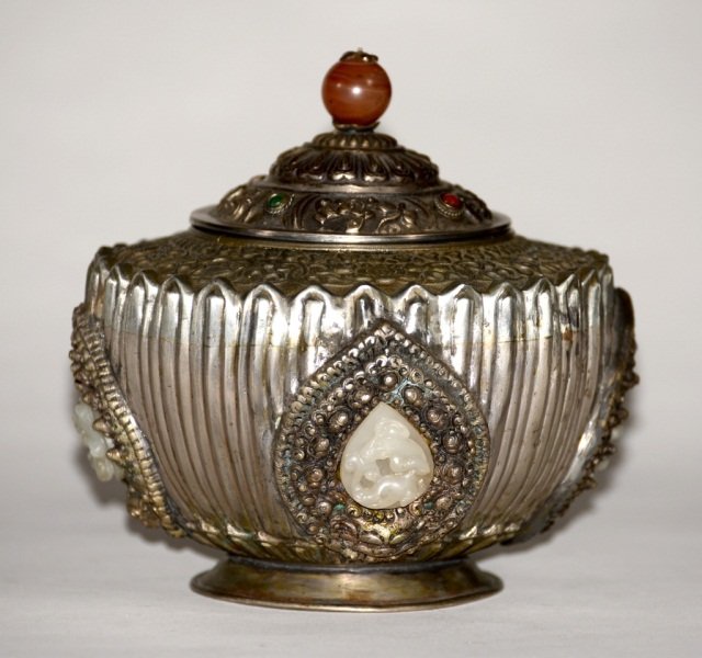 Sino-Mongolian Silver Pot with Jade Inserts: Sino-Mongolia silver pot with jade inserts. Ribbed design, each jade carved in stylized dragon motif. 19th/20th cen, measures 5"dia, 6.5"h