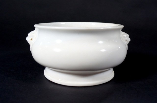 Chinese Dehua Porcelain Censer: with foolion mask handle on each side, 18th cen. Measures 5.5" dia, 2.75"h