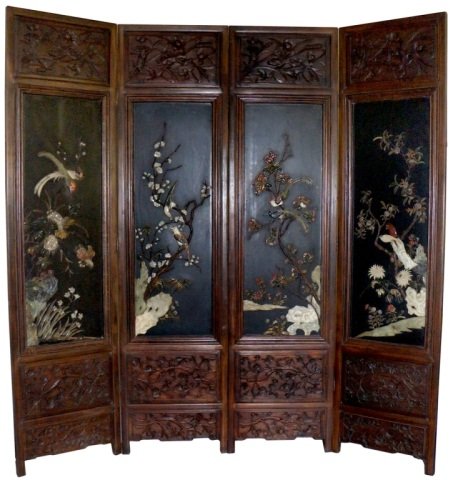 Chinese Jade Inlaid Rosewood Floor Screen: Chinese jade inlaid rosewood floor screen, four panel well-carved rosewood floor screen, with jade and semi-precious stone inlays of floral and bird scene, 19th cen, measures 80"h, 80"w,