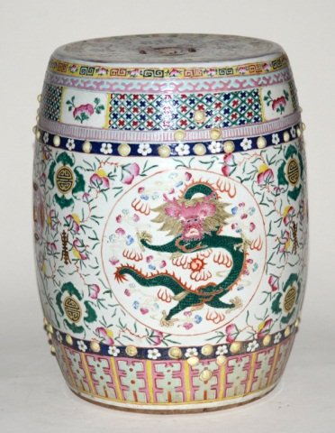 Chinese Famille Rose Porcelain Garden Seat: Chinese Famille rose porcelain garden seat, 19th cen, dragon motif. Measures 19" h by 12" w