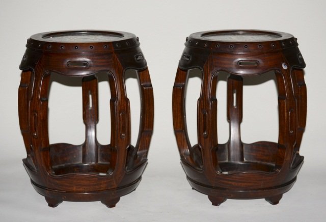 Pair of Chinese Rosewood Garden Stools: Pair of Chinese rosewood garden stools with porcelain tile inlaid on top, measures 19" h