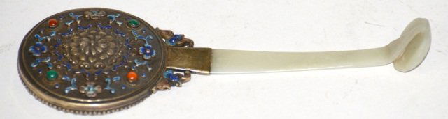 Chinese Silver Enameled Mirror with Jade Handle: 19th cen Chinese Silver enameled mirror with jade handle. Measures 7.5"l. From a New York Lady