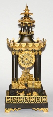 French Gilt Bronze Clock w/Chinese Figural Scene: French gilt bronze clock with Chinese figural scene, 18/19th cen, detail cast with oriental figural motif, made in France for Chinese Qing Court as a presentation gift, measures: 10" x 24" 6"
