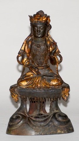 Chinese Ming Bronze Kuanyin: Chinese Ming bronze Kuanyin in parcel gilt, seated on altar base, 16/17th cen, measures 11"h