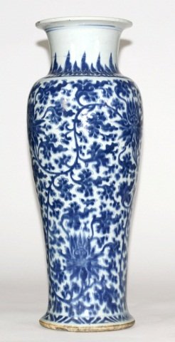Chinese Kangxi Blue White Baluster Vase: Chinese Kangxi blue white baluster vase of Buddhist lotus motif, 17/18th cen. Measures 22" in height, Provenance: Greenwich CT Estate