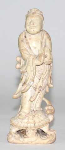 Chinese Soapstone Scholar Carving: Chinese soapstone scholar carving depicting immortal Dongfansu riding turtle, 19th cen. Measures 9.5"h