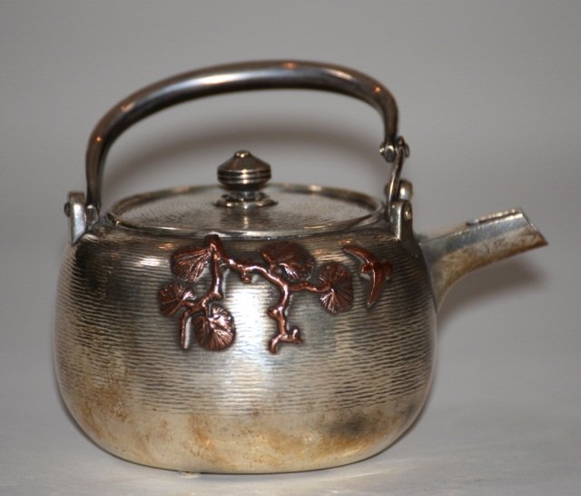 Japanese Silver Teapot with Mixed Metal: bird and floral decoration on matte surface. Meiji period, 19th cen, signed. measures 5"h, 5.5"w Please visit our website http://stallionhillgallery.com/ to see the high resolution photos. Thanks! 