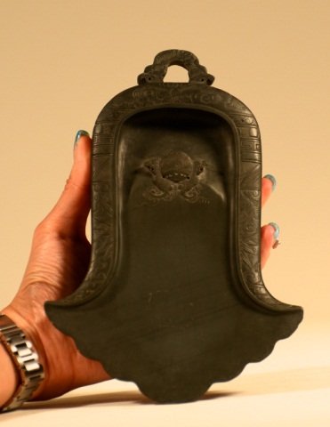 Chinese Duan Scholar Inkstone: bell shaped, 19/20th cen, 7.5" by 5.5" Please visit our website http://stallionhillgallery.com/ to see the high resolution photos. Thanks! 欲见高清照片，Ŧ
