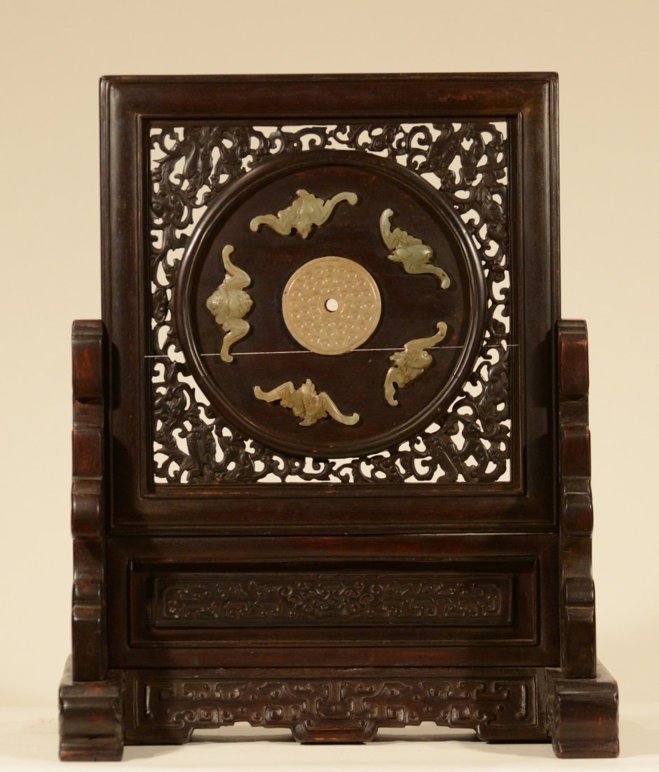 Chinese Carved Zitan Wood Tablescreen with Jade: zitan wood scholar scene with carved jade and soapstone bats and pi, 19/20th cen, heavy for the size, measures 20"h 16"w Please visit our website http://stallionhillgallery.com/ to see the high resolu