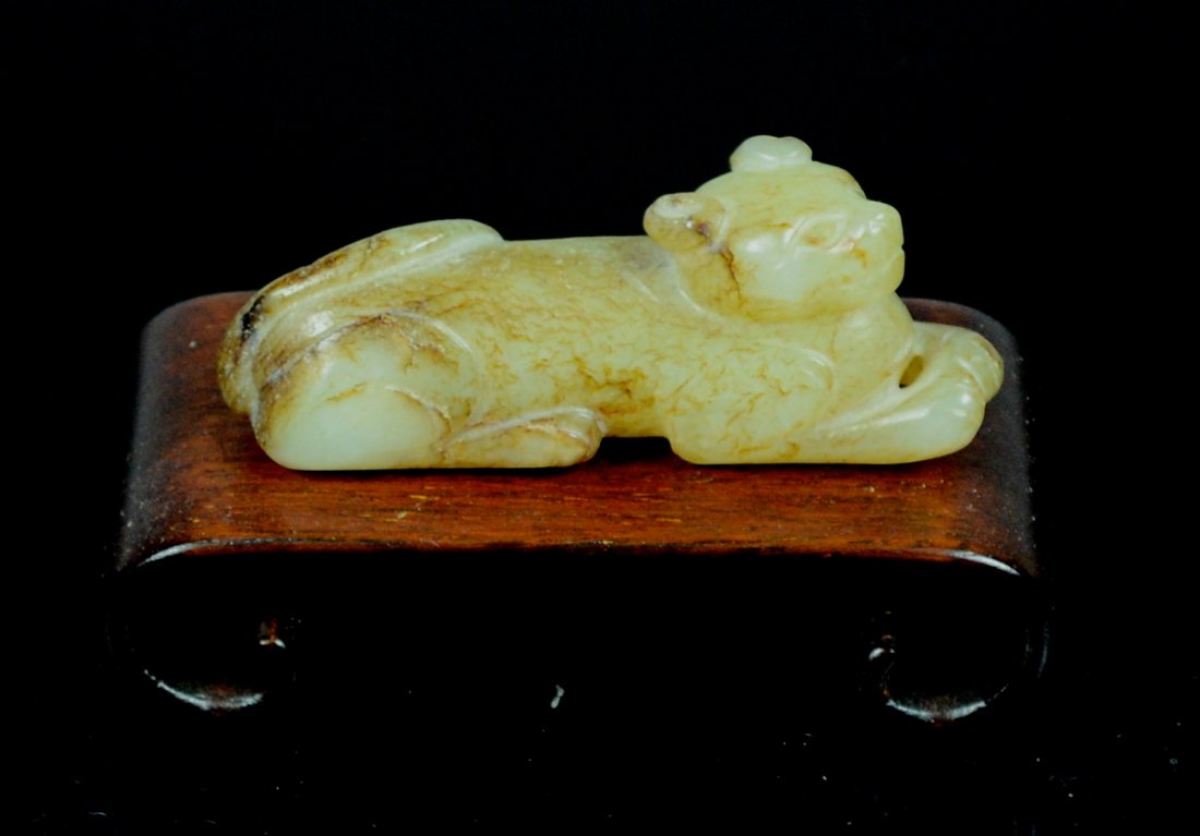 Chinese Celadon Jade Miniature Dog: with russel brown streaking, 18/19th cen, 2.3"1 Please visit our website http://stallionhillgallery.com/ to see the high resolution photos. Thanks! 欲见高清照片A