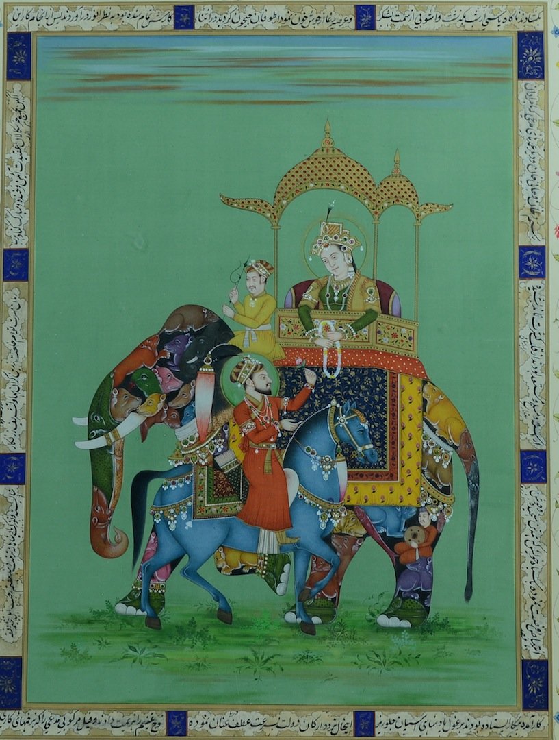 Indian Middle Eastern Painting of King: depicting king traveling and riding elephant, measures 15" by 19" Please visit our website http://stallionhillgallery.com/ to see the high resolution photos. Thanks! 欲见高清&#