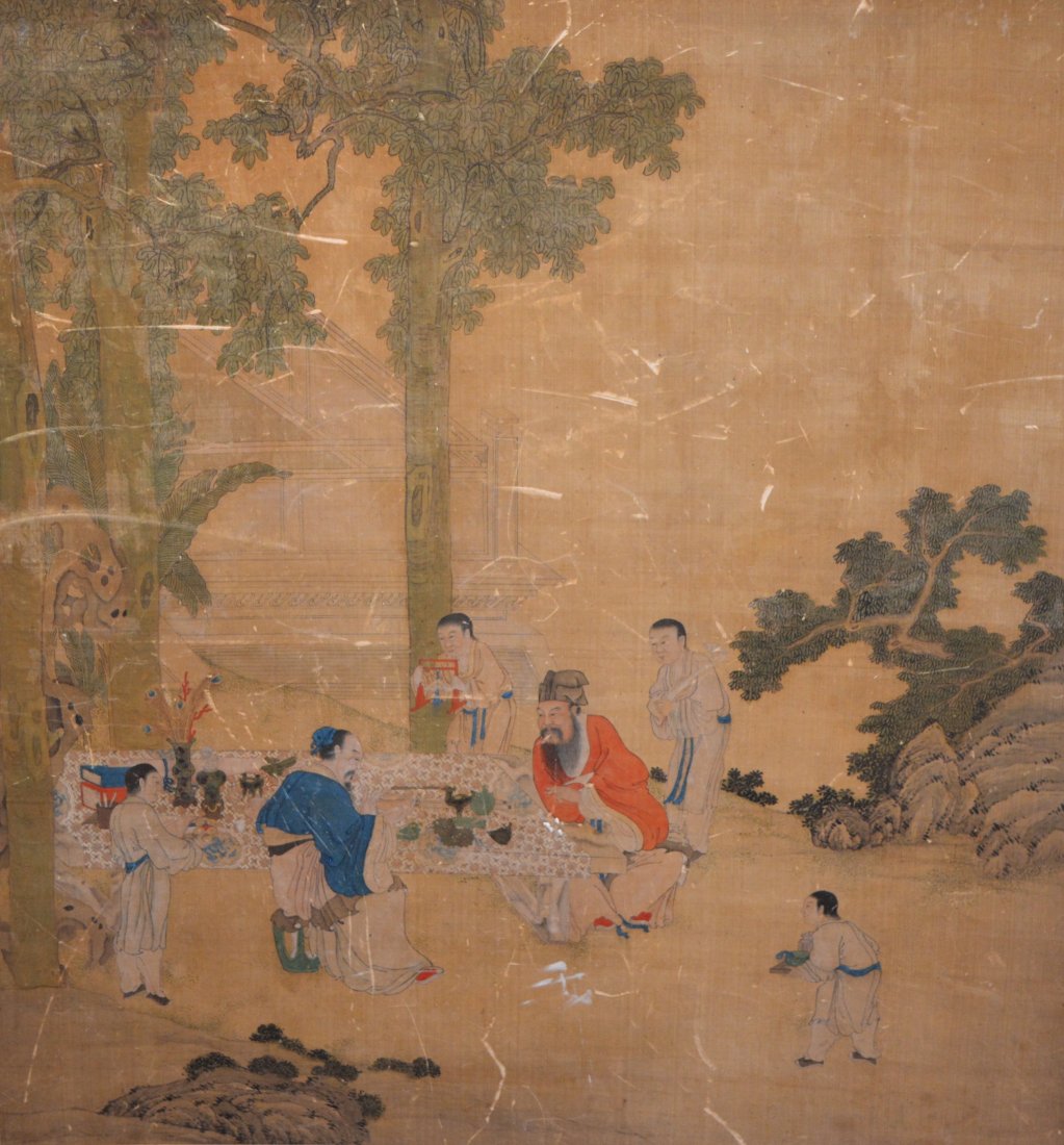 Chinese Silk Painting of Scholars: scene of scholars sitting around altar table admiring antiques. Boys stand close to scholars, ready to hand them archaic bronzes and other works of art. Framed, signed "Zu Remu", 18th cen, measures 38