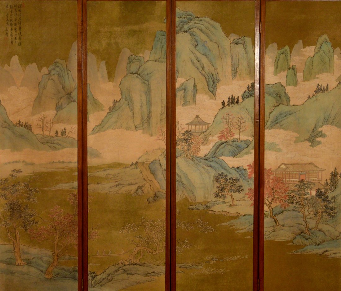 Four Panel Chinese Silk Landscape Painting: classic painting of continuous landscape scene, signed. Made into folding screen, hardwood frame. 19th cen, 64" by 40" Please visit our website http://stallionhillgallery.com/ to see the high resoluti