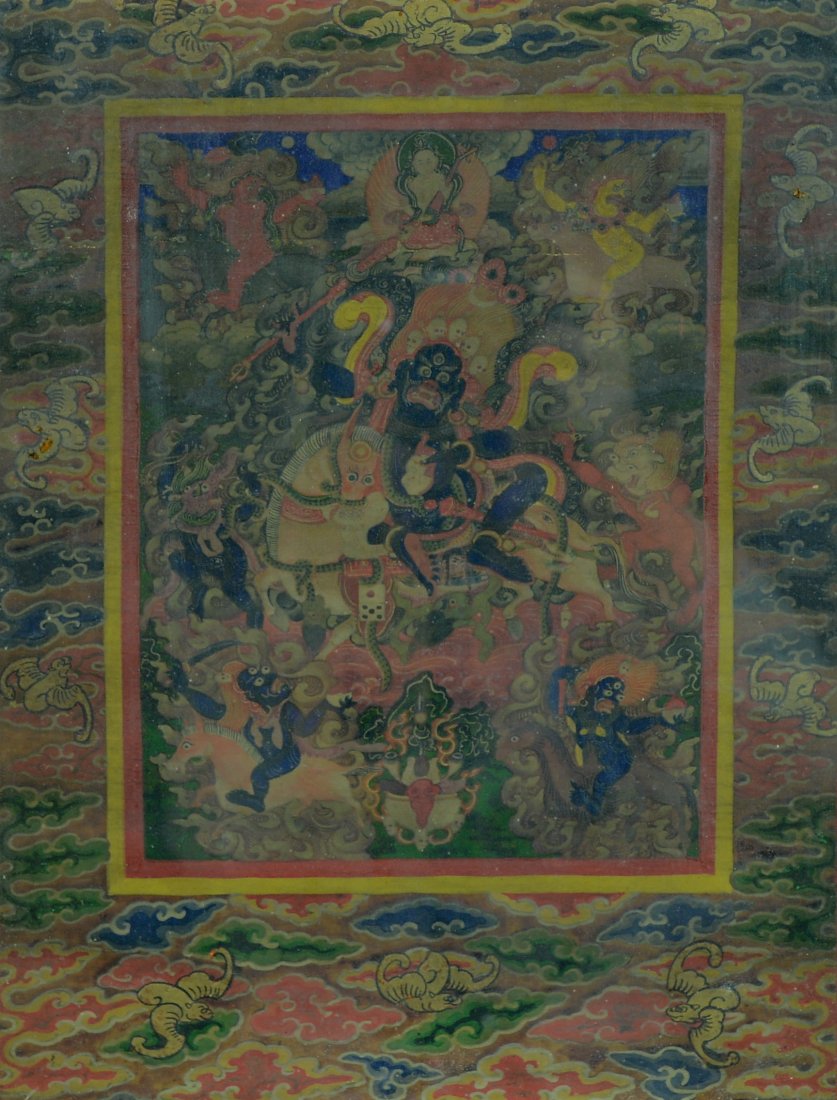 Tibetan Thangka-Lahmo with Bats Border: Figure rides white horse in square reserve, bat scene along border. 18th cen, measures 13.8" by 10.6" Please visit our website http://stallionhillgallery.com/ to see the high resolution photos. Thanks