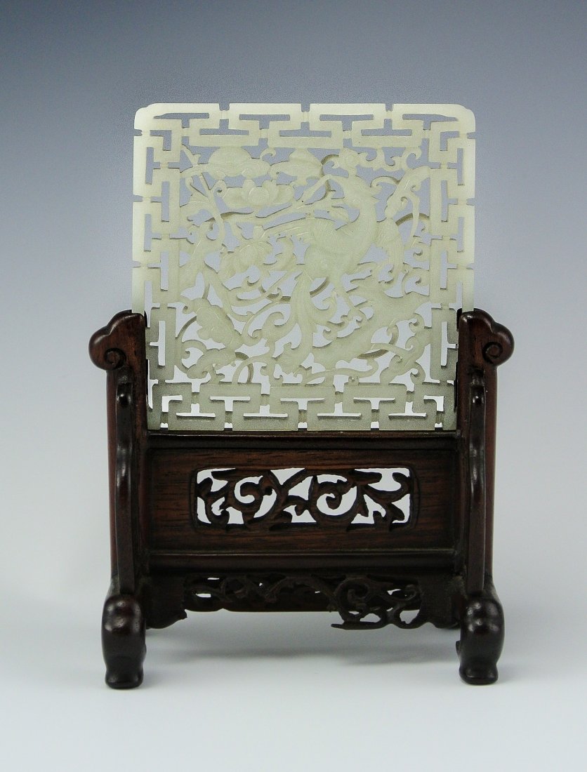 Chinese White Jade Scholar Minture Screen: Square plaque of phoenix motif, rosewood base, 18th cen, measures 2.8" by 2.8" Please visit our website http://stallionhillgallery.com/ to see the high resolution photos. Thanks! 欲见ƌ
