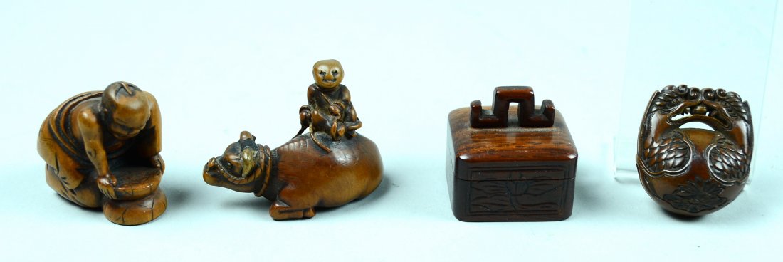 Group of Four Japanese Carved Wood Netsukes: Various forms and shaped, signed. Meiji period, 19th cen, largest measures 1.4" by 1.9" Please visit our website http://stallionhillgallery.com/ to see the high resolution photos. Thanks! 欲#