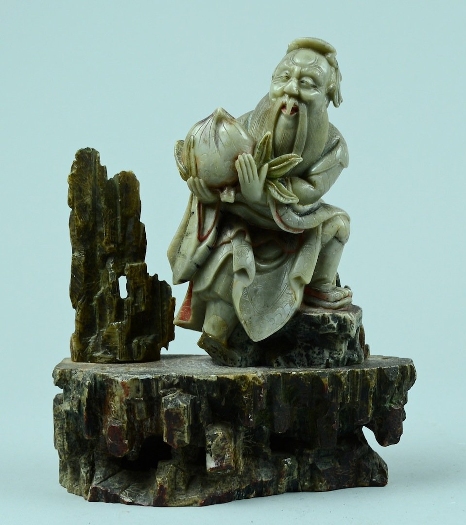 Chinese Soapstone Carving of Immortal: 18/19th cen, measures 7.75" by 6.5" Please visit our website http://stallionhillgallery.com/ to see the high resolution photos. Thanks! 欲见高清照片，请