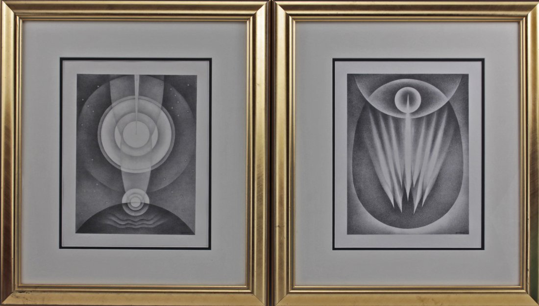 Emil James Bisttram (1895-1976) Hung/Amer 2 Lithographs: Emil James Bisttram (1895-1976) Hungarian/American pair of lithographs Titled "Creative Forces" & "Atonement" imprinted/raised seal signature on bottom right of each and raised seal on left bottom sta