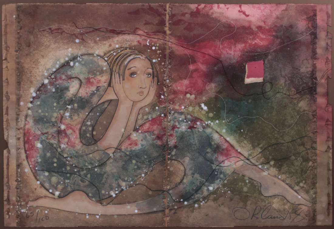 Orlando Agudelo-Botero (B 1946) Colum Multi Media Litho: Orlando Agudelo-Botero (Born 1946) Columbian Multi Media charcoal/ink wash watercolor string and glitter over Lithograph in two parts figural Expressionist piece vintage metal frame signed bottom righ