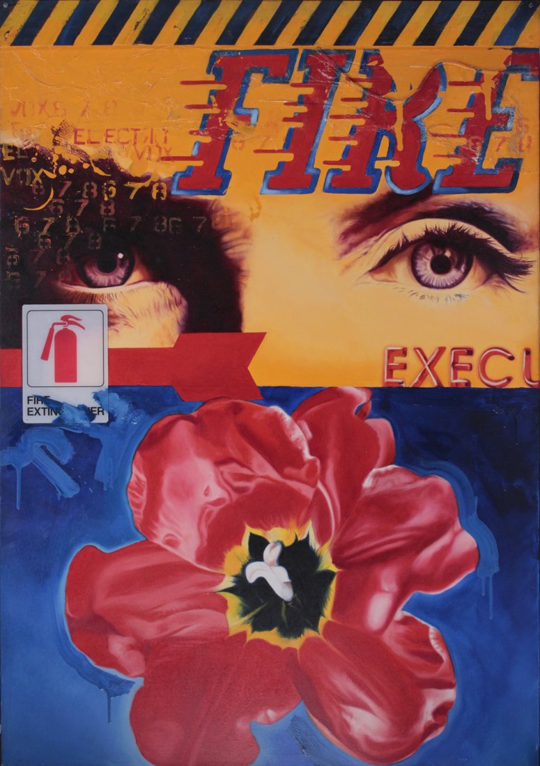 Phillipe Huart (Born 1953) Fr Pop Art Multi Media O/C: Phillipe Huart (Born 1953) French Pop Art Multi Media wood plastic and Oil on Canvas Signed and dated '97 on Verso "Electrovox" Modern Art Size - 31 3/4" x 45 3/4" (80.64cm x 116.20cm)