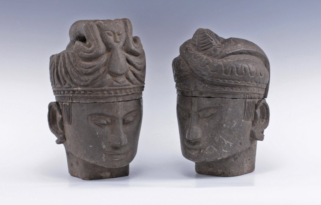 Unusual Pair of Asian Carved Stone 2 Piece Heads: Pair of Antique or vintage Stone carved 2 Piece Asian sculptural Heads - both open in two pieces with carved interior cavity (unknown age) Size - 12" height x 7 1/2" diameter at widest point