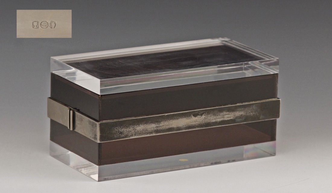 Norwegian Mid Century Lucite Silver Trim Hallmarked Box: Lidded Mid Century Norwegian Hallmarked two tones Lucite and Silver band trinket/jewelry box Separate lid Heavy, Modernist design Size - 4" x 8" x 4"